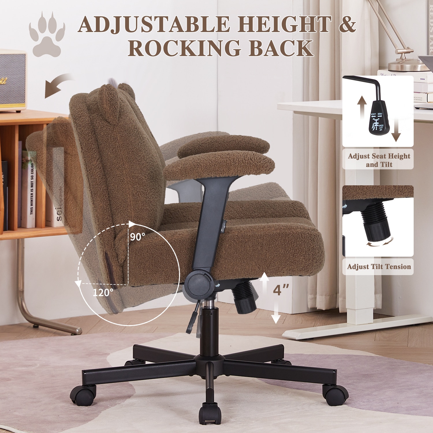 Cross Legged Office Chair With Wheels Adjustable Desk Chair Brown_voghion.com